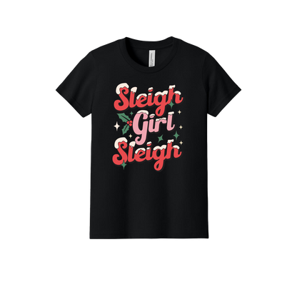 Sleigh Girl Sleigh Apparel design on official Youth Bella+Canvas T-shirt in Black, front view.
