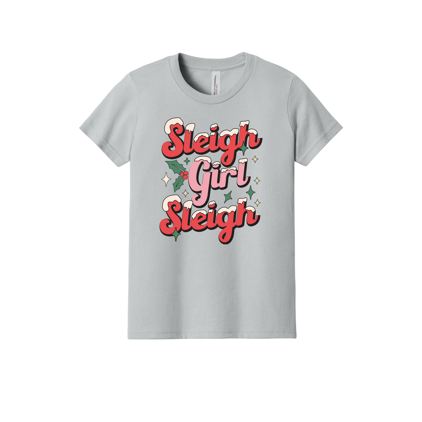 Sleigh Girl Sleigh Apparel design on youth tee in gray, front view.