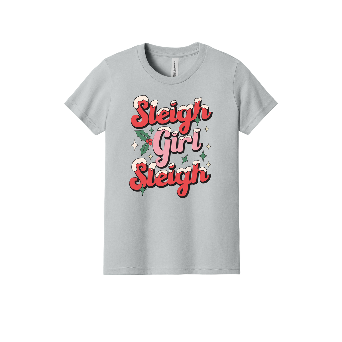 Sleigh Girl Sleigh Apparel design on youth tee in gray, front view.