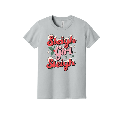 Sleigh Girl Sleigh Apparel design on youth tee in gray, front view.