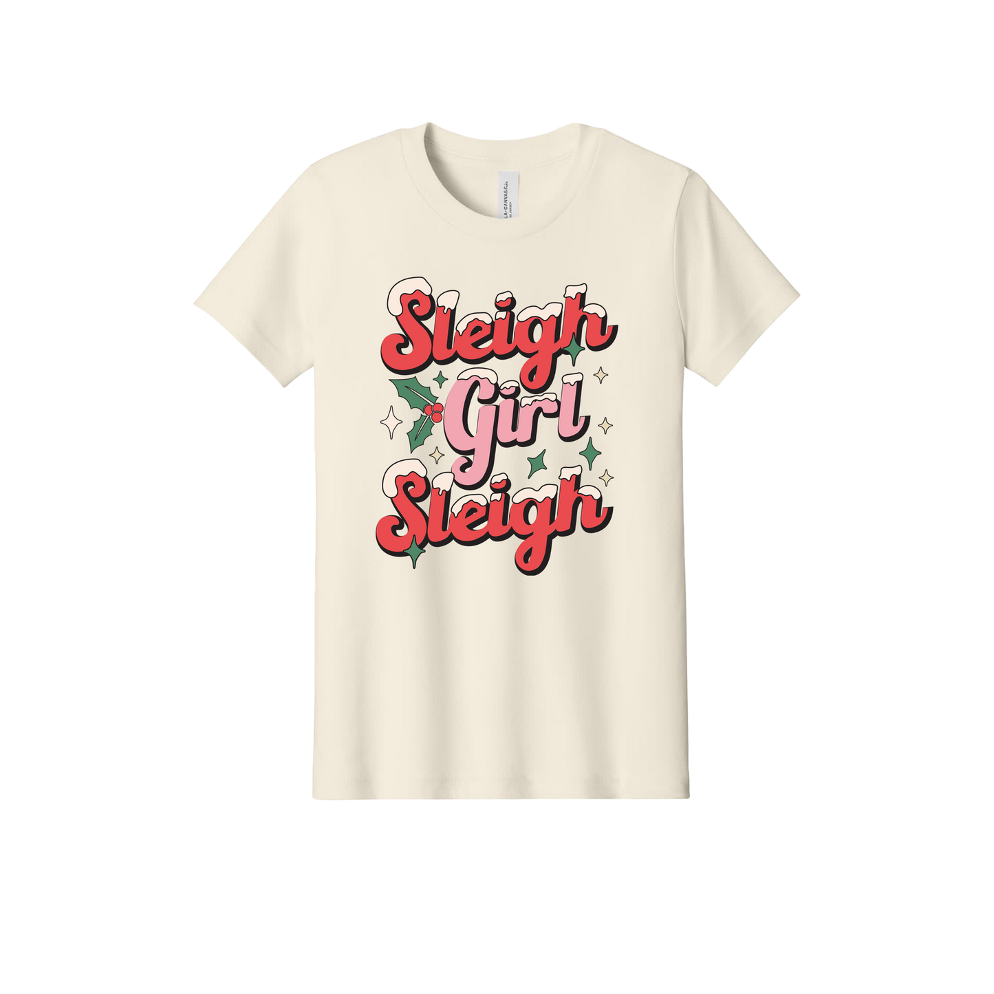 Sleigh Girl Sleigh Apparel design on official Youth Bella+Canvas T-shirt in Natural, front view.
