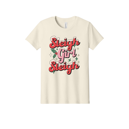 Sleigh Girl Sleigh Apparel design on official Youth Bella+Canvas T-shirt in Natural, front view.