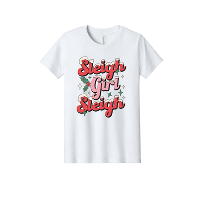 Sleigh Girl Sleigh Apparel design on official Youth Bella+Canvas T-shirt in White, front view.