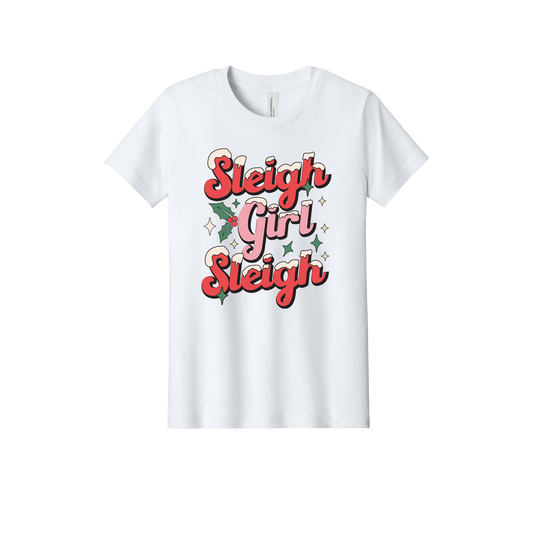Sleigh Girl Sleigh Apparel design on official Youth Bella+Canvas T-shirt in White, front view.