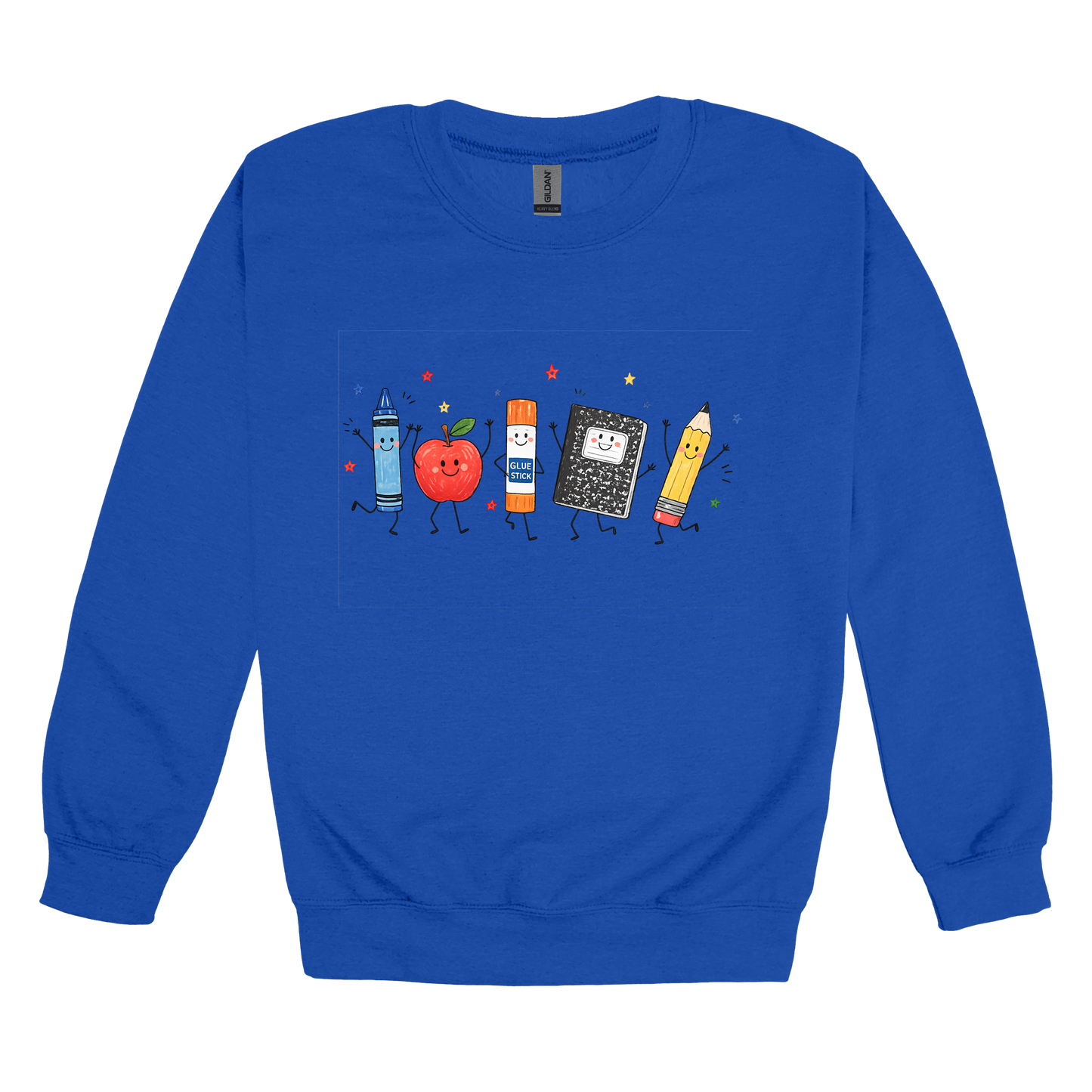 Teacher Crayon and Apple Apparel design on adult crewneck in blue, front view.