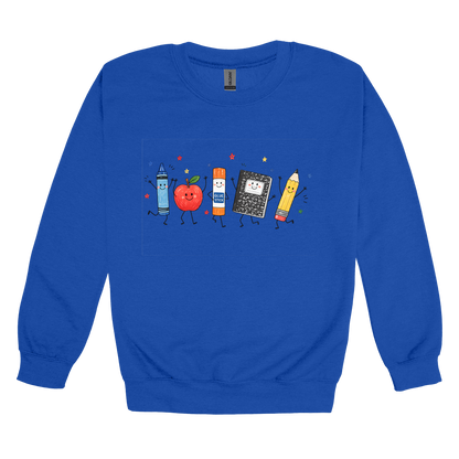 Teacher Crayon and Apple Apparel design on adult crewneck in blue, front view.