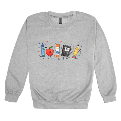 Teacher Crayon and Apple Apparel design on adult crewneck in gray, front view.