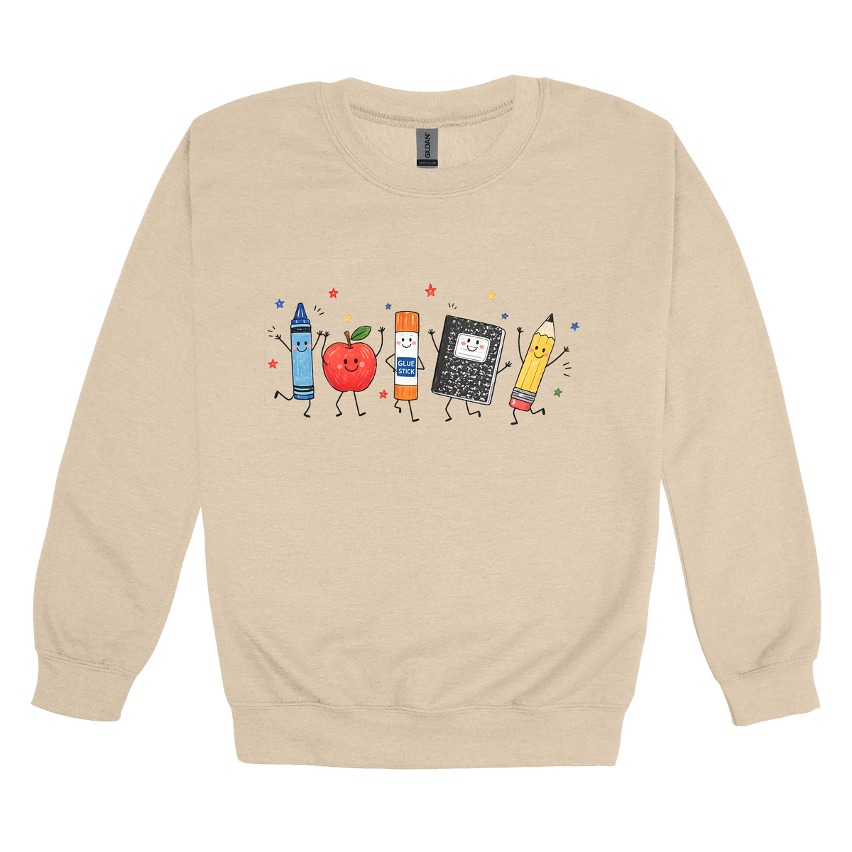 Teacher Crayon and Apple Apparel design on adult crewneck in tan, front view.