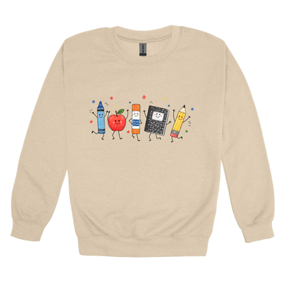 Teacher Crayon and Apple Apparel design on adult crewneck in tan, front view.