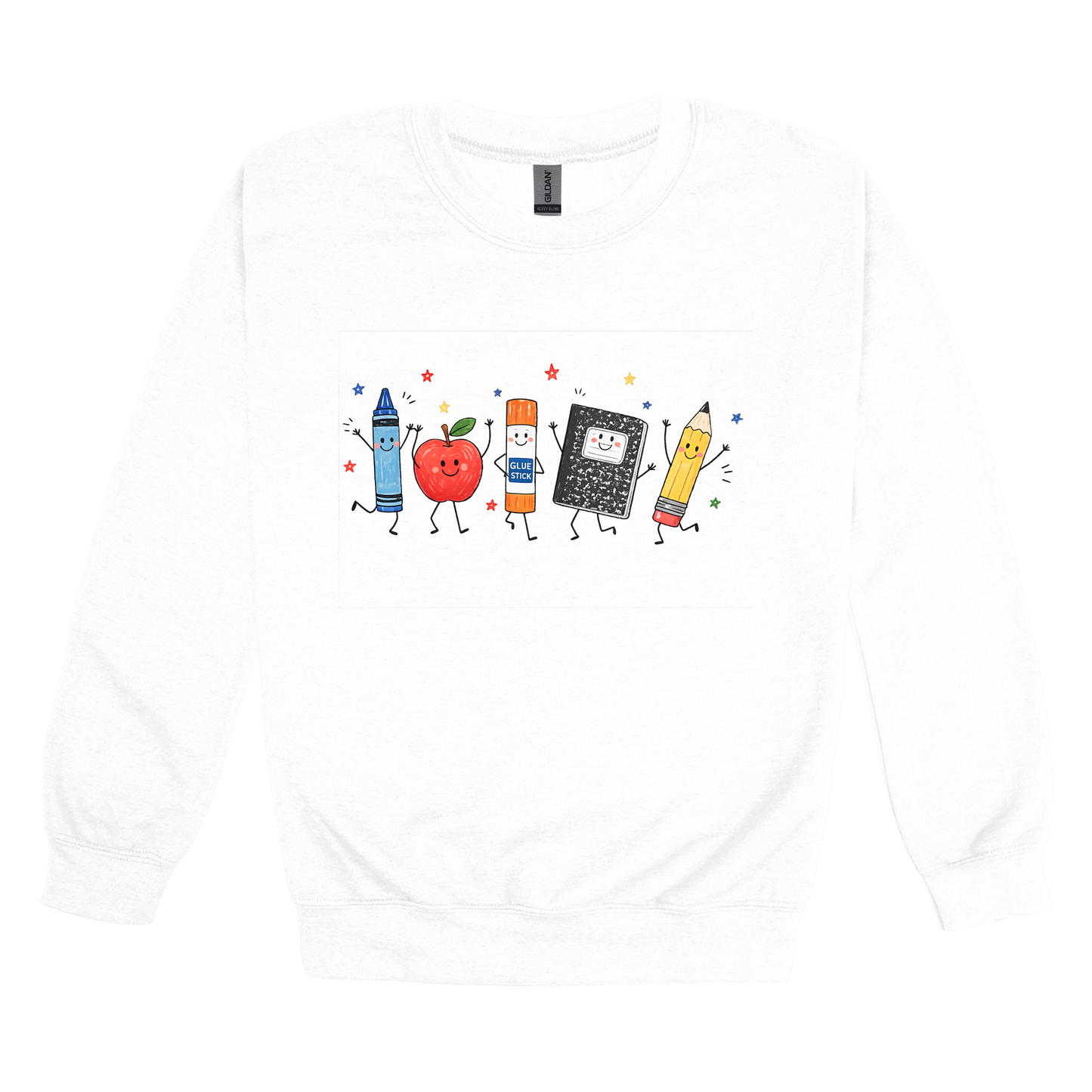 Teacher Crayon and Apple Apparel design on adult crewneck in white, front view.