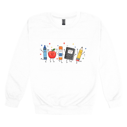 Teacher Crayon and Apple Apparel design on adult crewneck in white, front view.