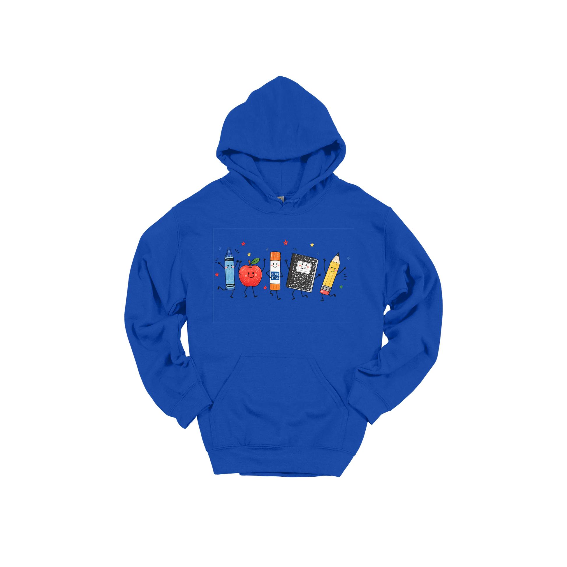 Teacher Crayon and Apple Apparel design on adult hoodie in blue, front view.