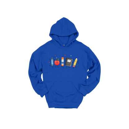 Teacher Crayon and Apple Apparel design on adult hoodie in blue, front view.