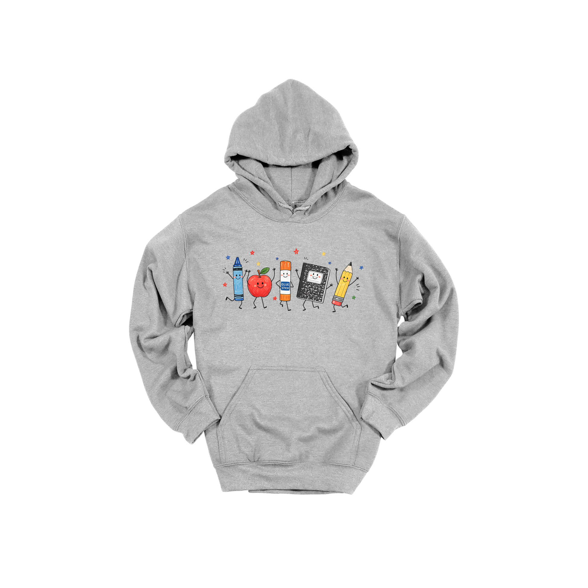 Teacher Crayon and Apple Apparel design on adult hoodie in gray, front view.