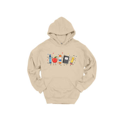 Teacher Crayon and Apple Apparel design on adult hoodie in tan, front view.