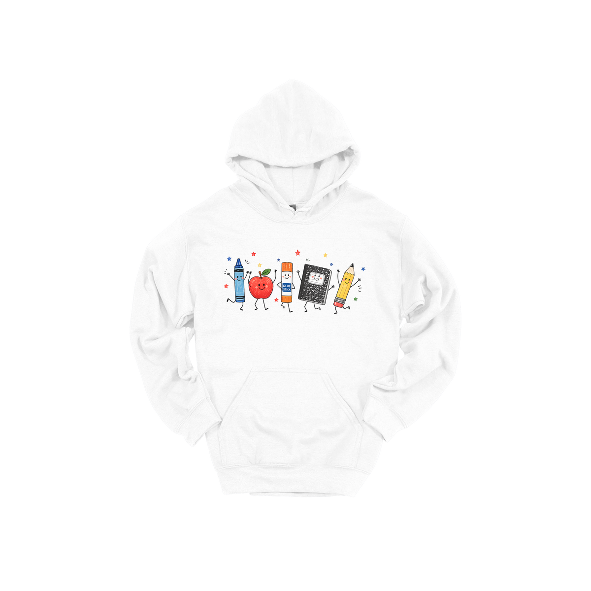 Teacher Crayon and Apple Apparel design on adult hoodie in white, front view.