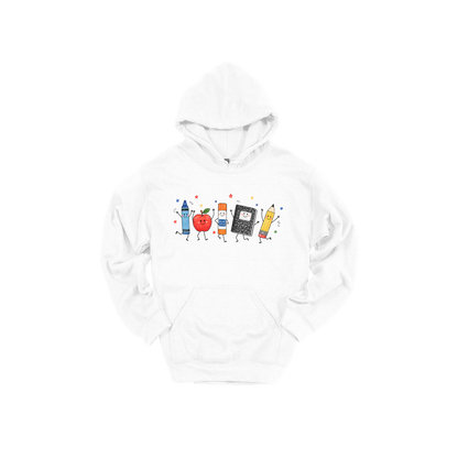 Teacher Crayon and Apple Apparel design on adult hoodie in white, front view.