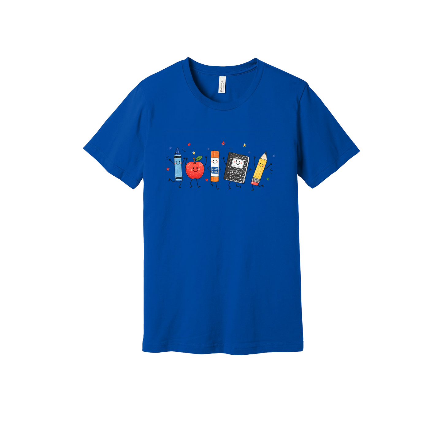 Teacher Crayon and Apple Apparel design on adult tee in blue, front view.