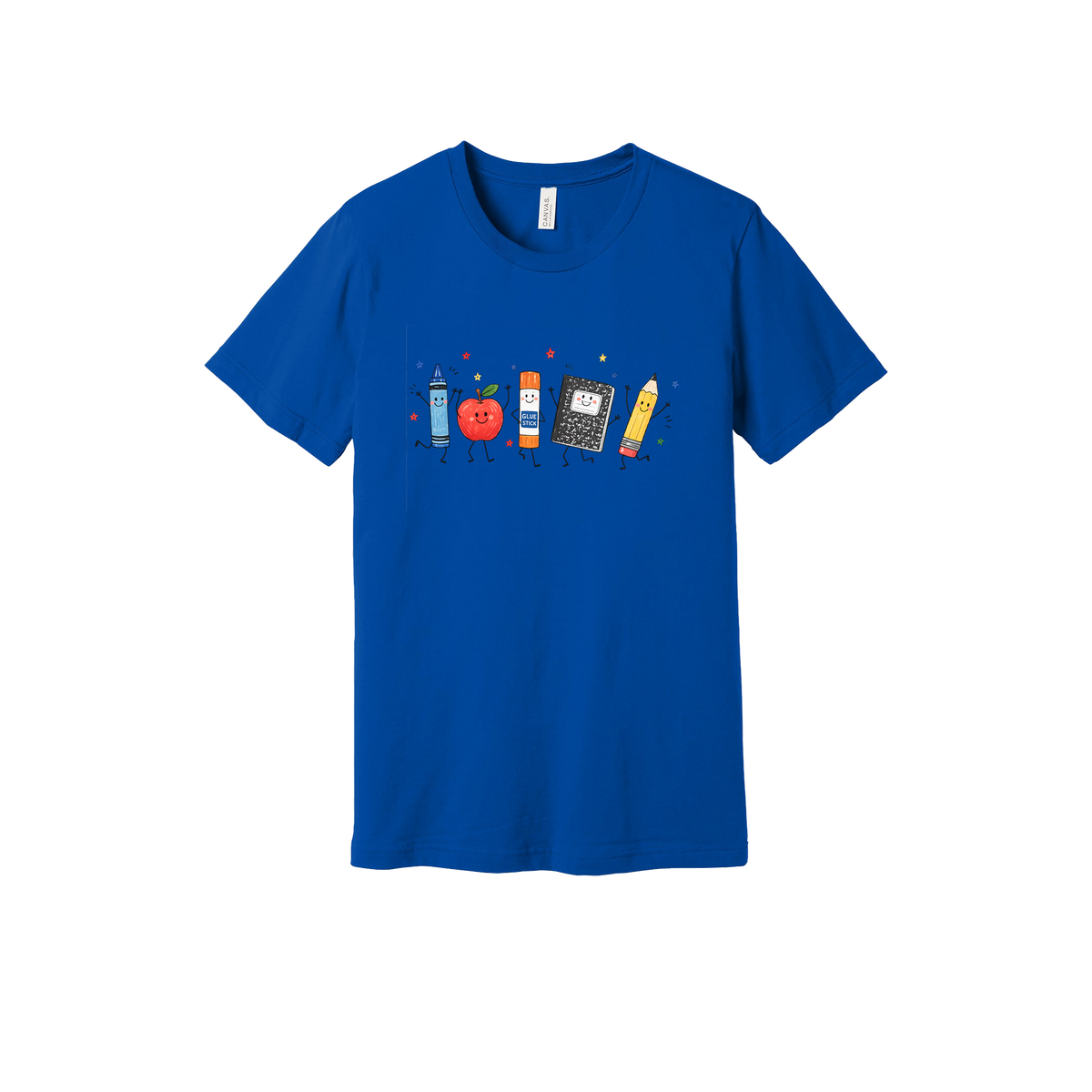 Teacher Crayon and Apple Apparel design on adult tee in blue, front view.