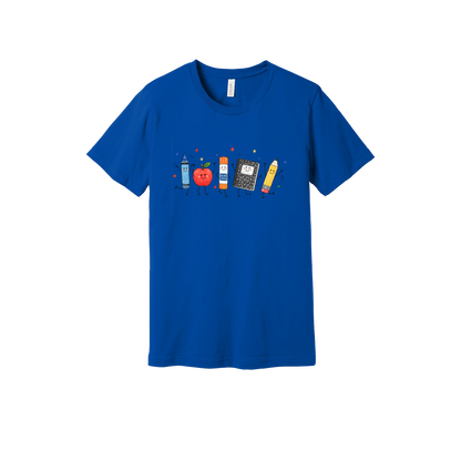 Teacher Crayon and Apple Apparel design on adult tee in blue, front view.