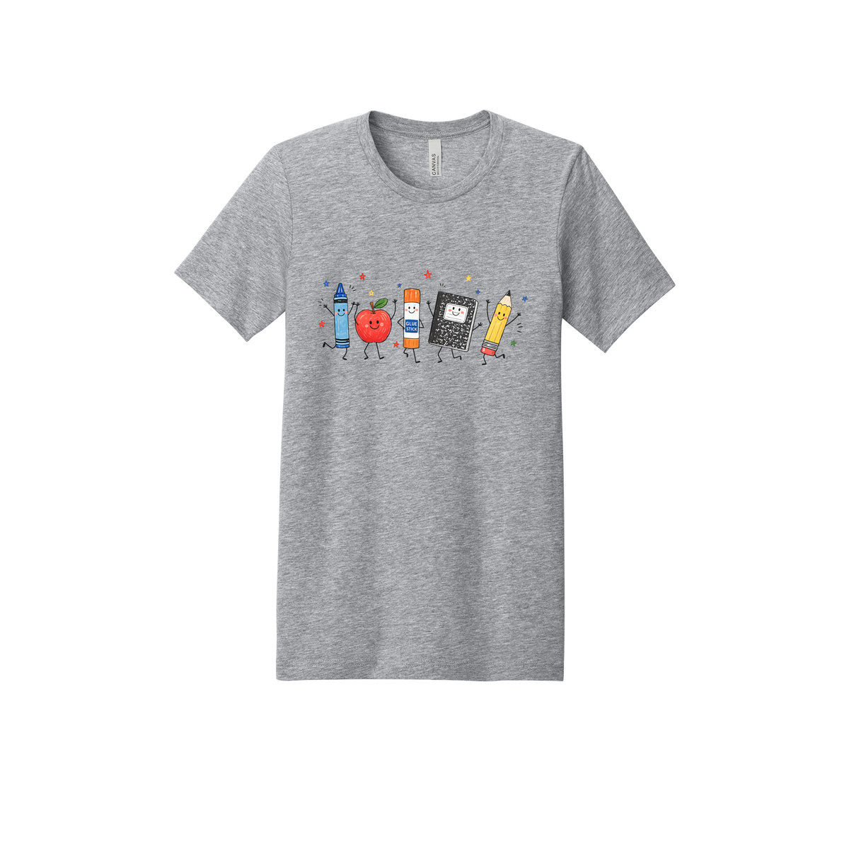 Teacher Crayon and Apple Apparel design on adult tee in gray, front view.