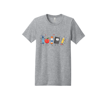 Teacher Crayon and Apple Apparel design on adult tee in gray, front view.