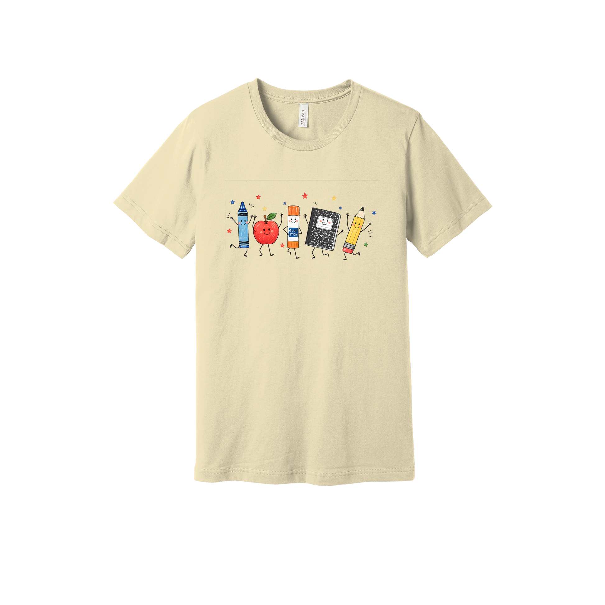 Teacher Crayon and Apple Apparel design on adult tee in tan, front view.