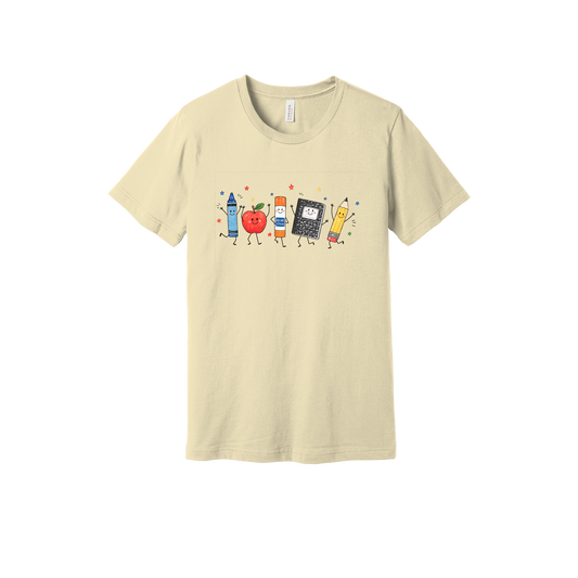 Teacher Crayon and Apple Apparel design on adult tee in tan, front view.