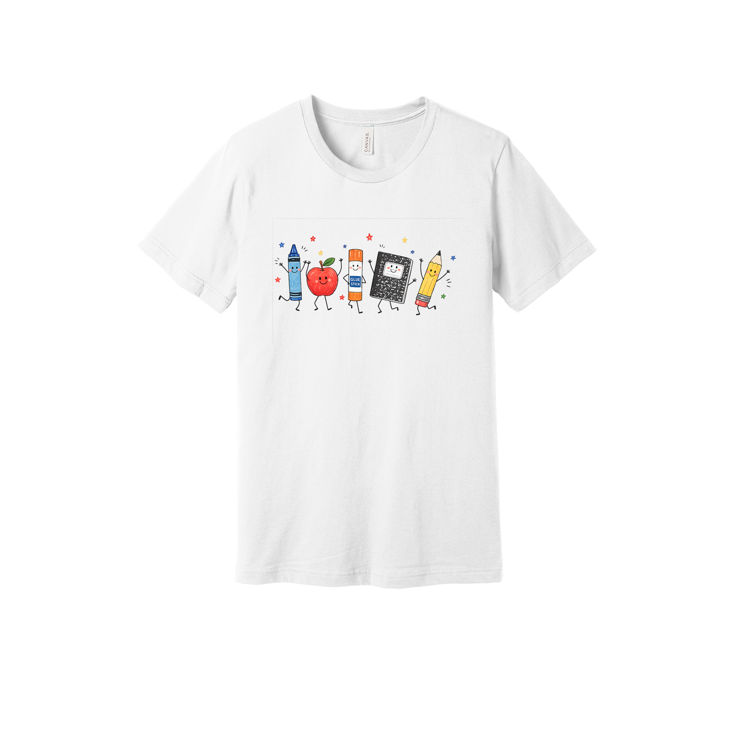 Teacher Crayon and Apple Apparel design on adult tee in white, front view.