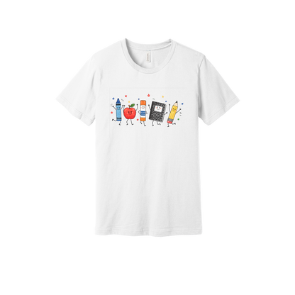Teacher Crayon and Apple Apparel design on adult tee in white, front view.