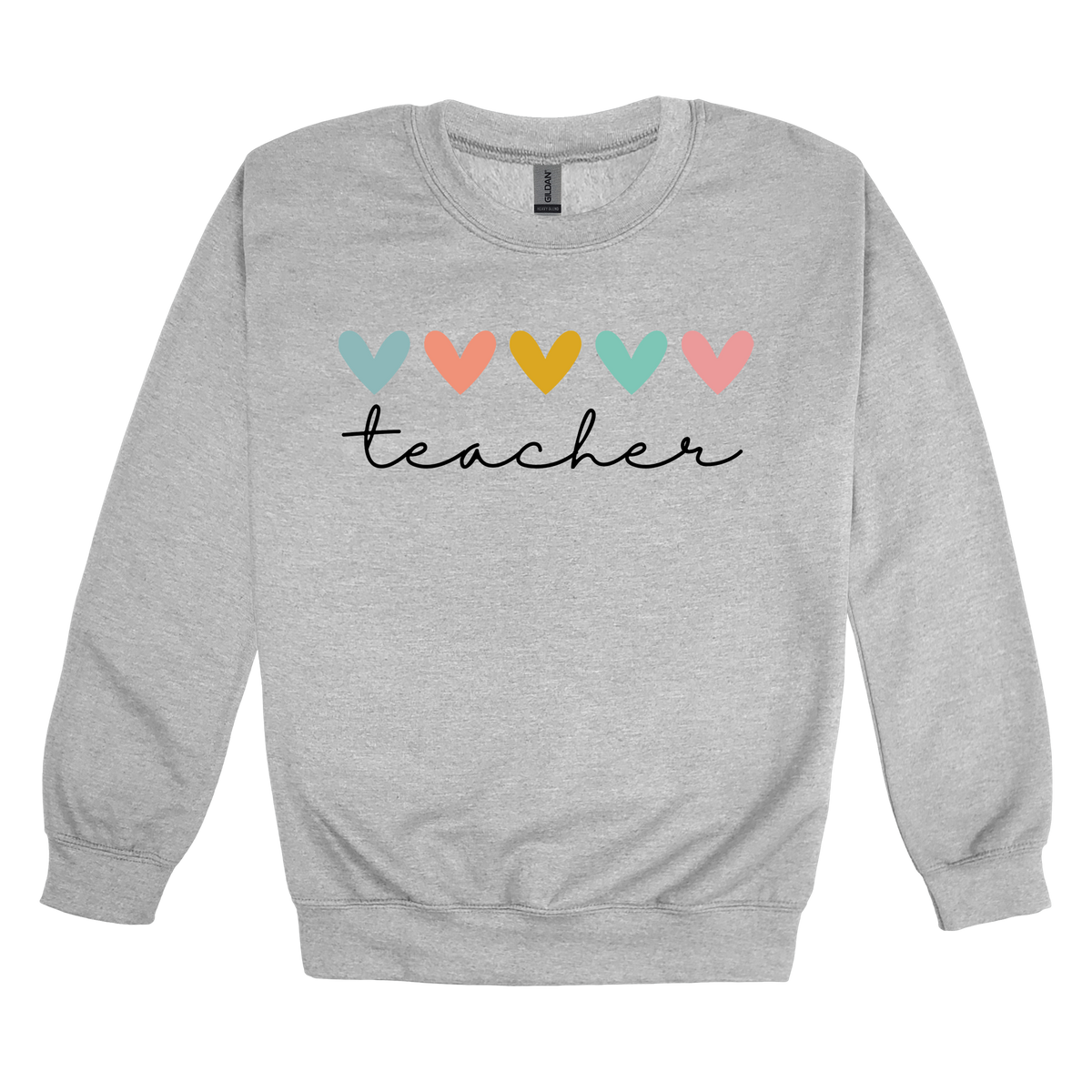 Teacher Hearts Apparel design on adult crewneck in gray, front view.