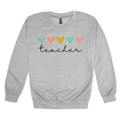 Teacher Hearts Apparel design on adult crewneck in gray, front view.