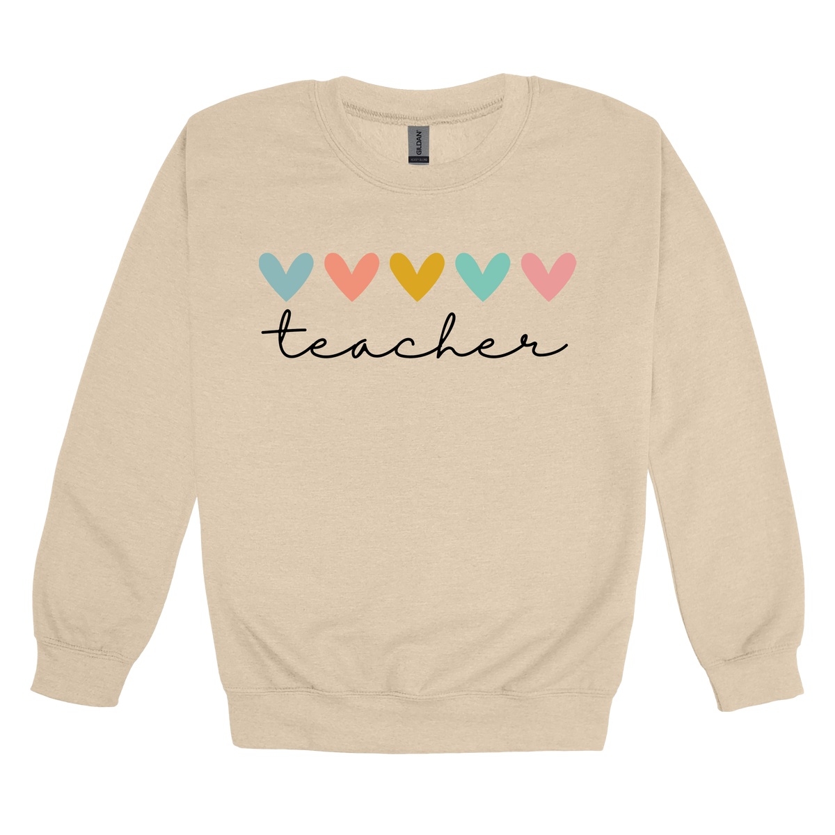 Teacher Hearts Apparel design on adult crewneck in tan, front view.