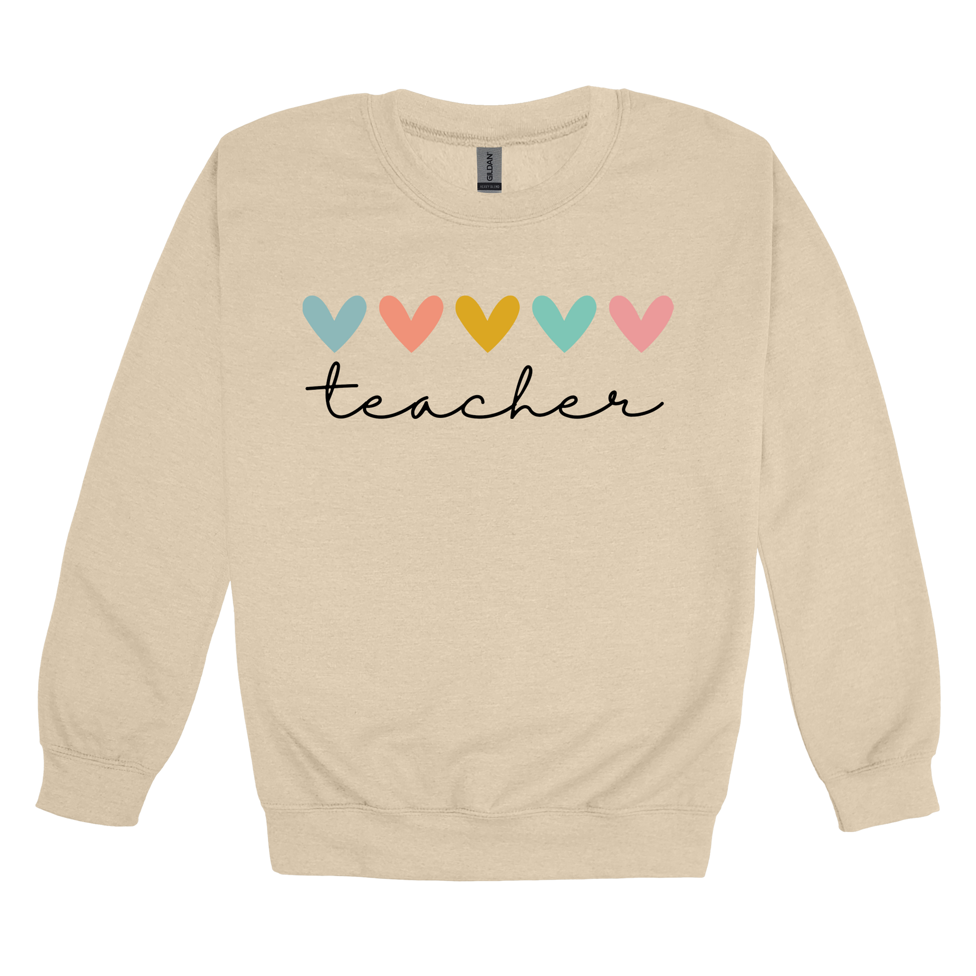 Teacher Hearts Apparel design on adult crewneck in tan, front view.