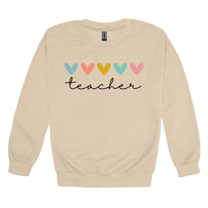 Teacher Hearts Apparel design on adult crewneck in tan, front view.