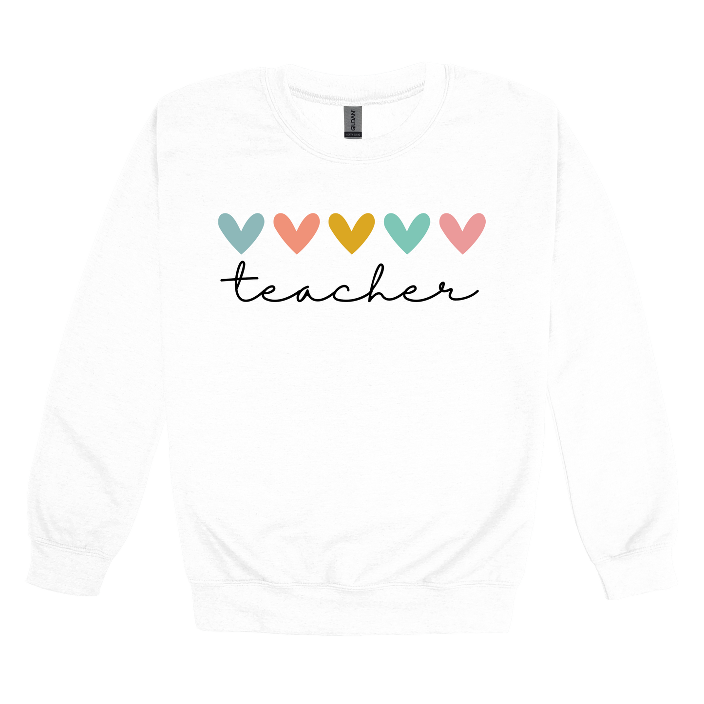 Teacher Hearts Apparel design on adult crewneck in white, front view.