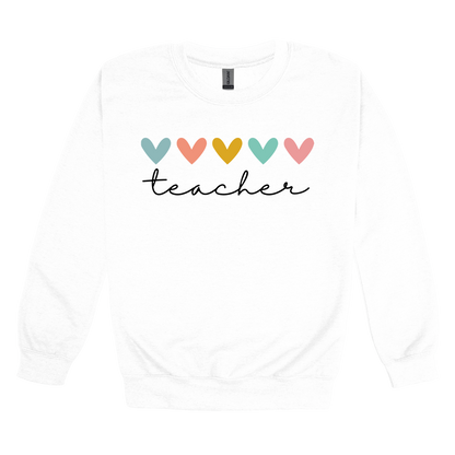 Teacher Hearts Apparel design on adult crewneck in white, front view.