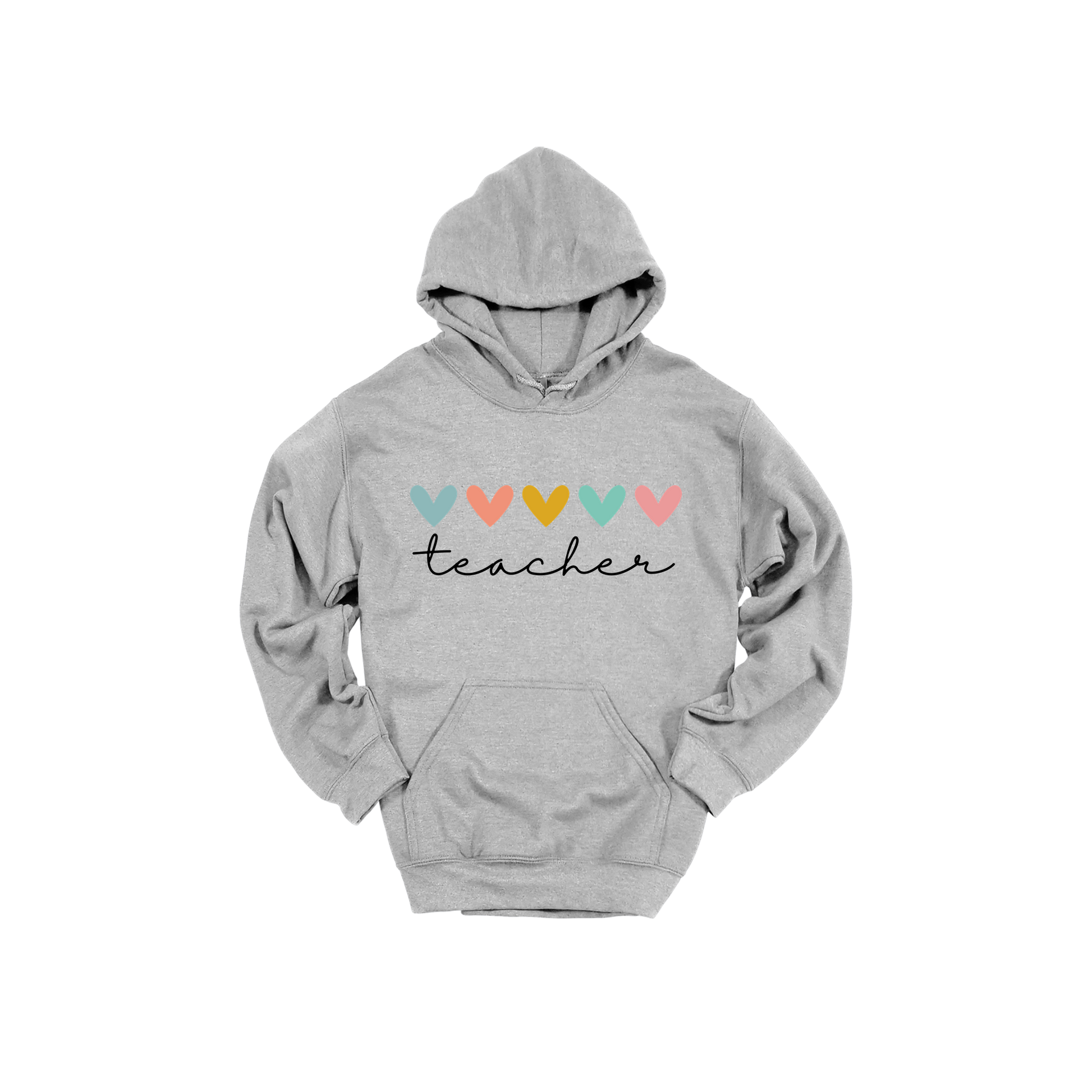 Teacher Hearts Apparel design on adult hoodie in gray, front view.