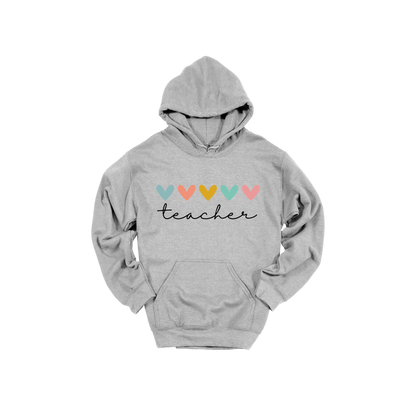Teacher Hearts Apparel design on adult hoodie in gray, front view.