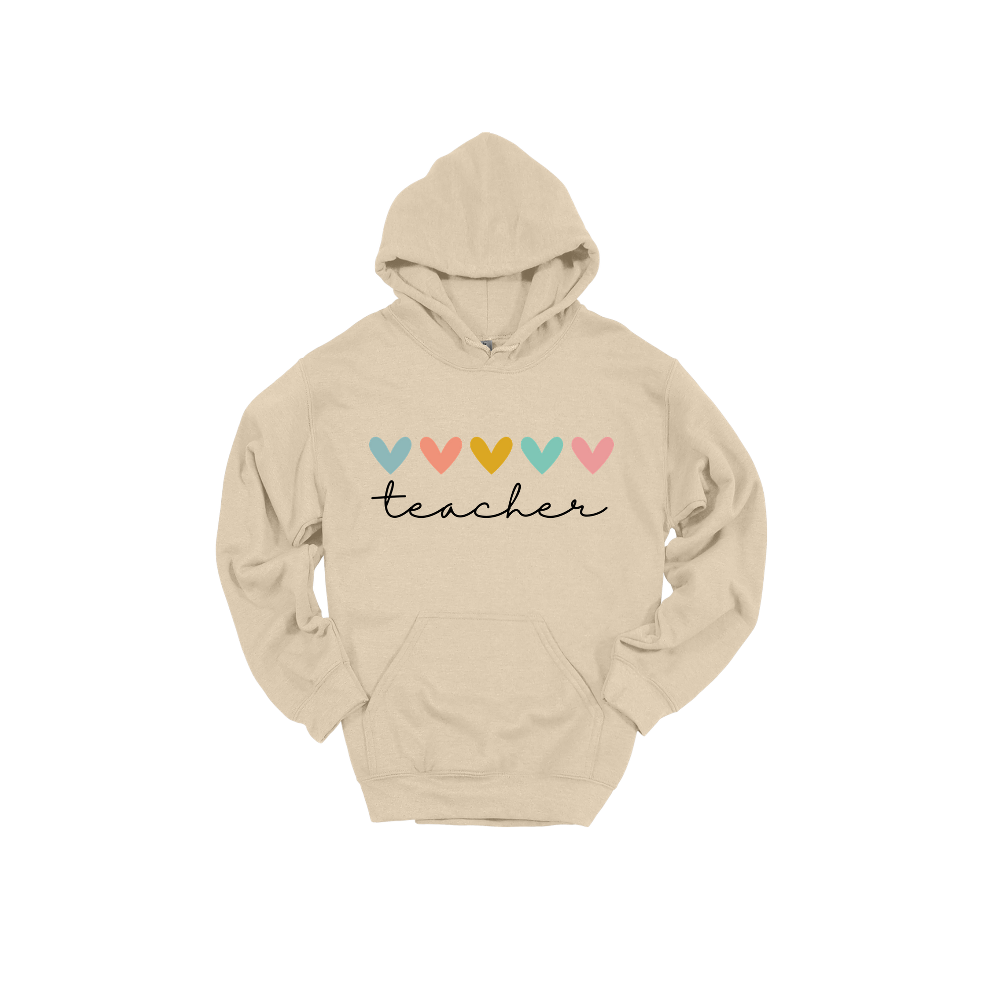 Teacher Hearts Apparel design on adult hoodie in tan, front view.