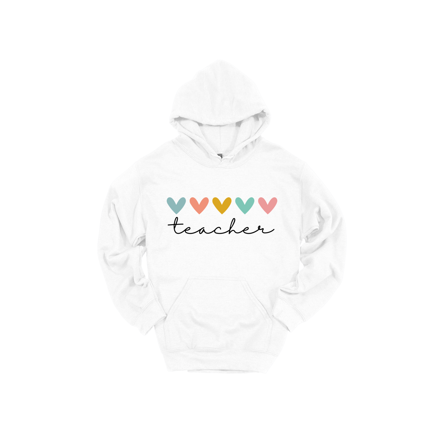 Teacher Hearts Apparel design on adult hoodie in white, front view.