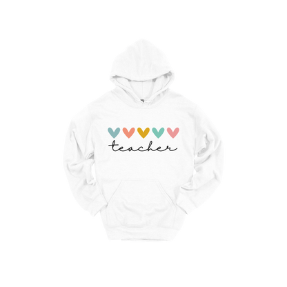 Teacher Hearts Apparel design on adult hoodie in white, front view.