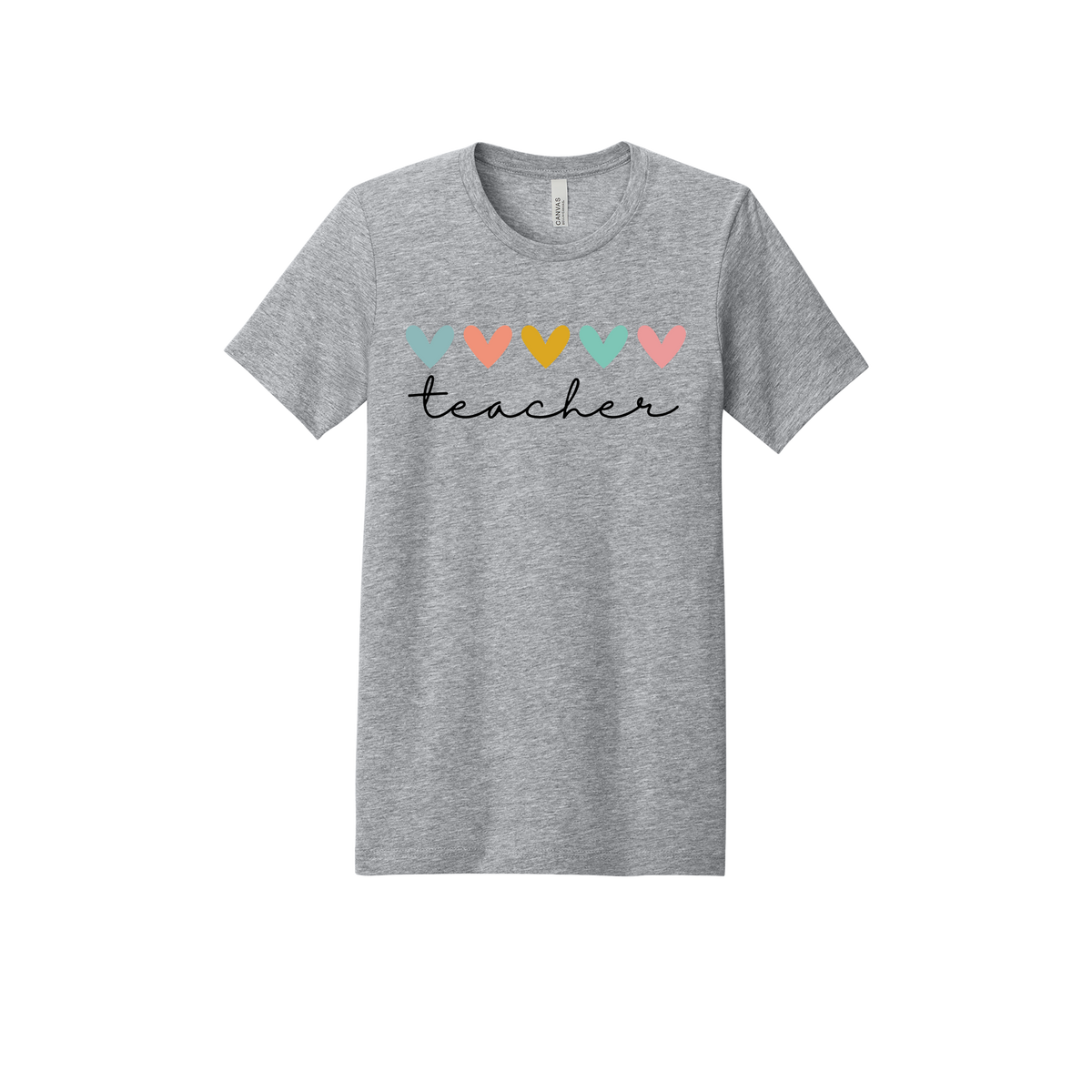 Teacher Hearts Apparel design on adult tee in gray, front view.