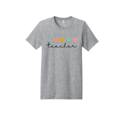 Teacher Hearts Apparel design on adult tee in gray, front view.