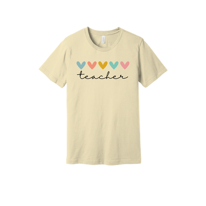 Teacher Hearts Apparel design on adult tee in tan, front view.