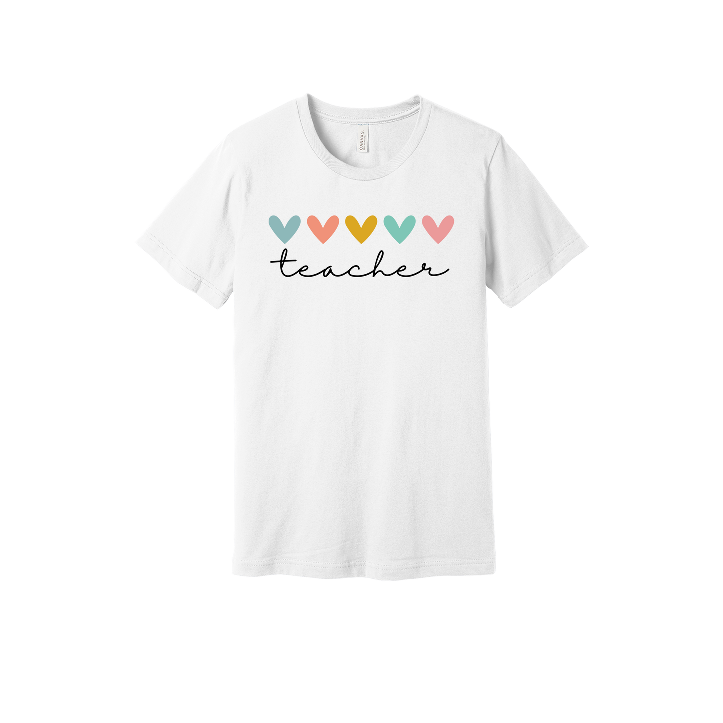 Teacher Hearts Apparel design on adult tee in white, front view.