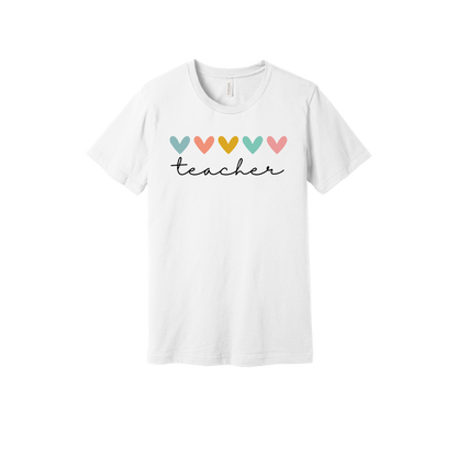 Teacher Hearts Apparel design on adult tee in white, front view.