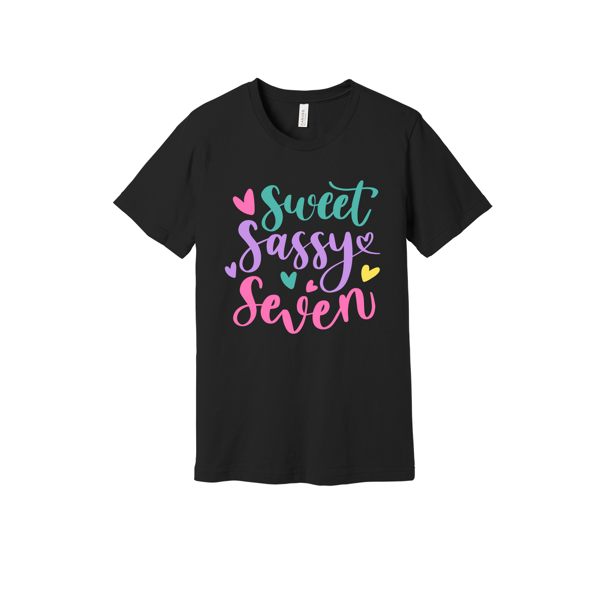Sweet and Sassy Seven Apparel design on generic tee presentation in black, front view.