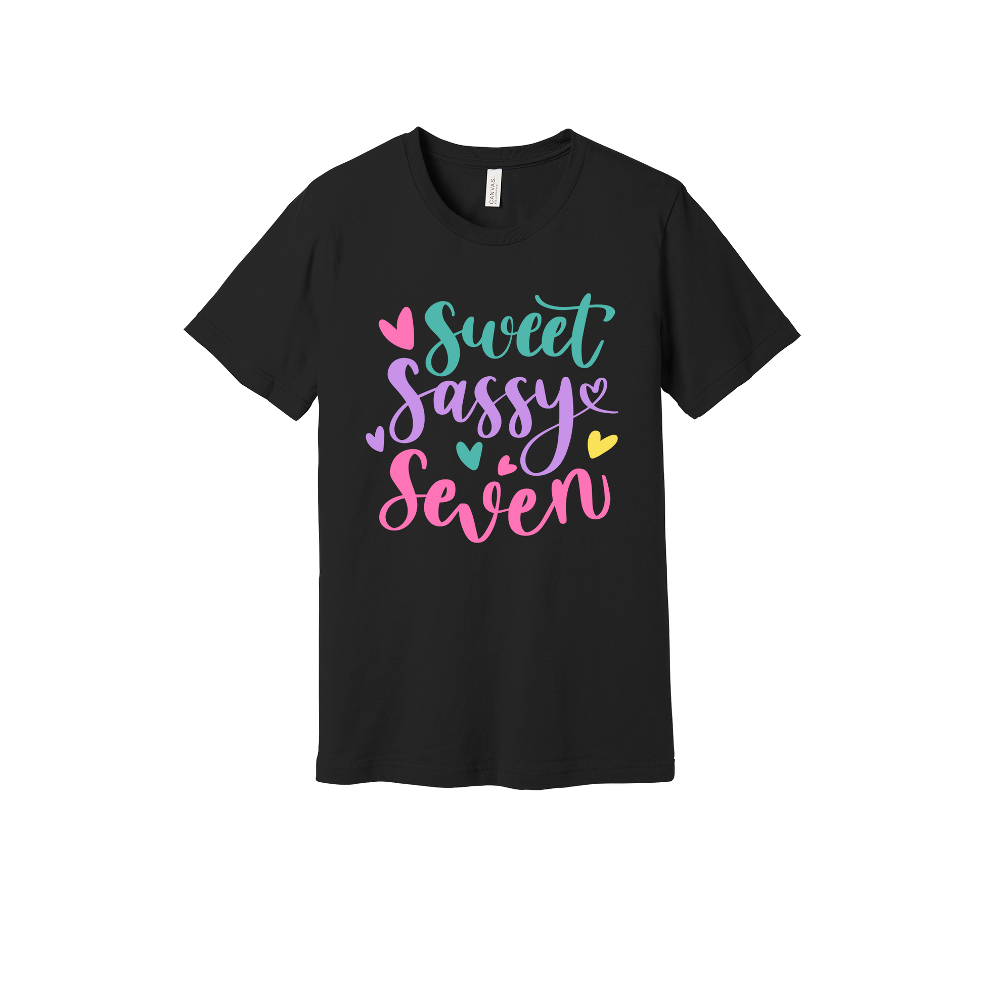 Sweet and Sassy Seven Apparel design on generic tee presentation in black, front view.