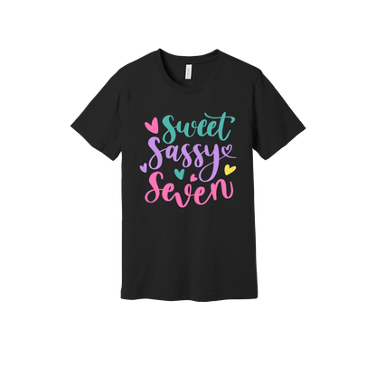 Sweet and Sassy Seven Apparel design on generic tee presentation in black, front view.